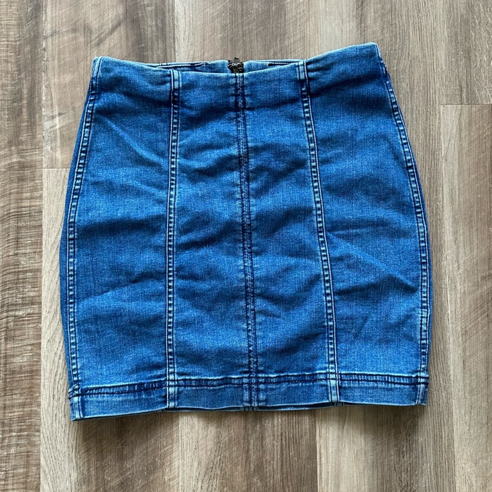 Free People Mini Jean Skirt Denim Dark Wash Zipper Up Unlined Cotton Blue 4